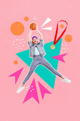 Vertical collage image of overjoyed happy girl jump arms hold basketball first place golden medal isolated on painted background