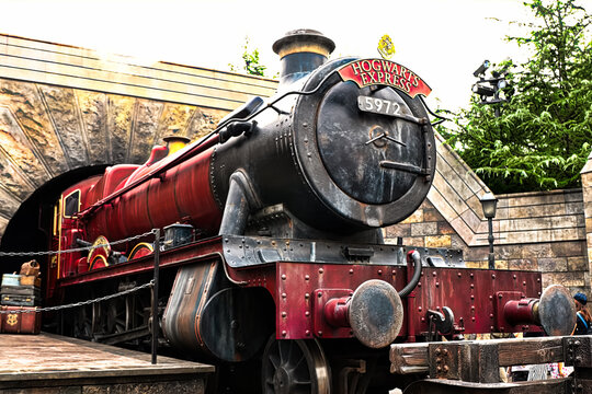 OSAKA , JAPAN - Dec 02 2021 : The hogwarts express train at the Wizarding World of Harry Potter in Universal Studios Japan, a theme park in Osaka, Japan on Dec 02 2017.