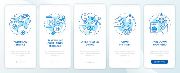 Food industry customer satisfaction blue onboarding mobile app screen. Walkthrough 5 steps editable graphic instructions with linear concepts. UI, UX, GUI template. Myriad Pro-Bold, Regular fonts used