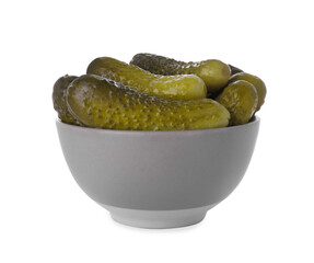 Bowl of tasty pickled cucumbers isolated on white