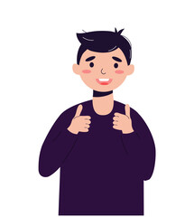 The guy in a flat modern style holds a thumbs up and shows that he likes everything. Cool and awesome. Vector stock illustration. White background