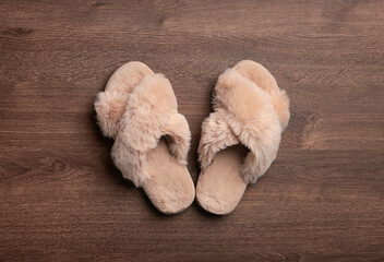 Fototapeta na wymiar Pair of soft slippers on wooden floor, top view