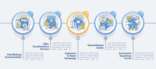 Increase guest satisfaction in hotels circle infographic template. Data visualization with 5 steps. Editable timeline info chart. Workflow layout with line icons. Lato-Bold, Regular fonts used