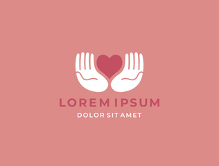 Hands with heart logo. Love, care, sharing, charity, medicine symbol. Abstract medical health logotype.