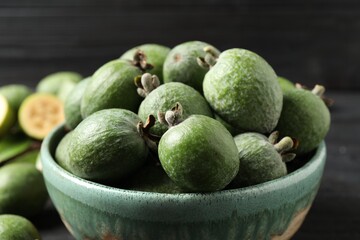 Fresh green feijoa fruits on table, closeup