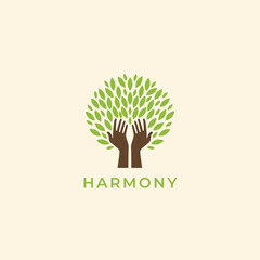 Tree logo with human hands. Ecology, environment, environment friendly, sharing, care or charity symbol. Growth concept. Eco vector illustration. Hands + Leaves logo. 
