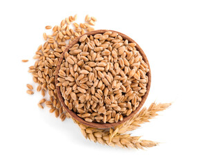 Wooden bowl with wheat grains and spikes on white background, top view