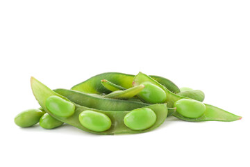 Fresh green edamame pods and beans on white background