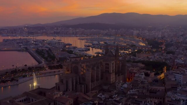Aerial view of the Cathedral La Seu at Sunset in Palma de Mallorca	