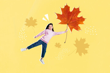 Composite collage picture of cheerful little girl arm hold huge maple leaf flying isolated on painted background