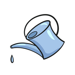 Blue small watering can with water droplets, watering plants, vector cartoon