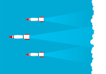 White missile rocket warhead launch frying air strikes in war with cloud blue sky background icon flat vector design.