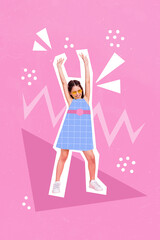 Vertical collage illustration of excited positive girl enjoy dancing isolated on painted pink background