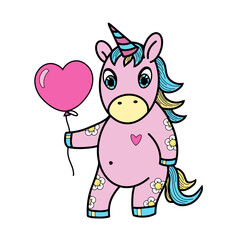 Obraz na płótnie Canvas Cute pink unicorn with balloon, cartoon vector