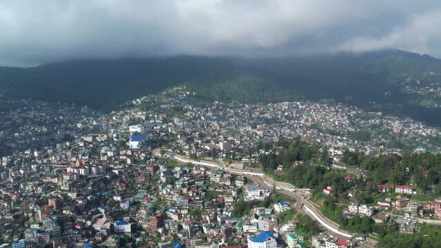 Aerial view of Hill town which shows deforestation.