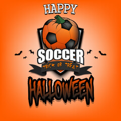 Happy Halloween. Template football design. Logo soccer ball in the form of a pumpkin. Pattern for banner, poster, greeting card, invitation. Vector illustration on an isolated background