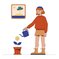 woman watering money plant