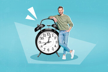 Collage photo of young attractive man student casual style lifetime timer clock positive deadline isolated on blue color background