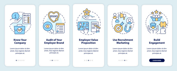 Employer branding process onboarding mobile app screen. HR system walkthrough 5 steps editable graphic instructions with linear concepts. UI, UX, GUI template. Myriad Pro-Bold, Regular fonts used