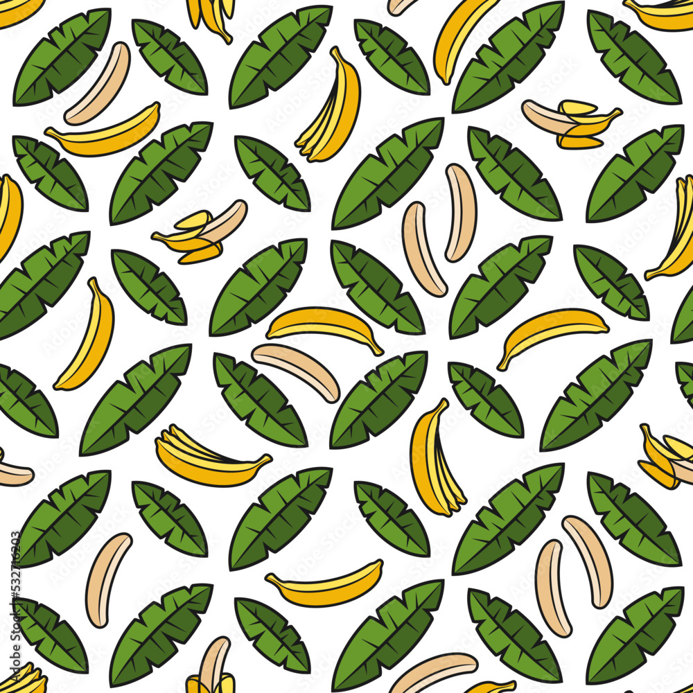 Poster seamless pattern with palms and bananas. tropical vector background with isolated objects on white.
