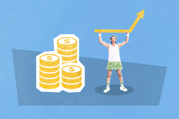 Collage photo of young funny miniature guy hold line raising up profit economic finance much money...