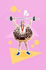 Collage photo of young funny excited man wear sportswear headband hold big dumbbell champion donut...