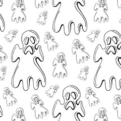 Halloween festive seamless pattern. Black endless background with smiling cute ghosts,