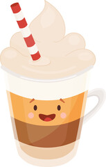 Kawaii Coffee Mocha Mug with Straw. Smiling Face. Isolated Illustration on Transparent Background 