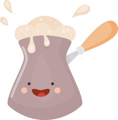 Kawaii Coffee Cezve. Smiling Face. Isolated Illustration on Transparent Background 