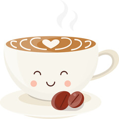 Kawaii Coffee Cup with Beans. Smiling Face. Isolated Illustration on Transparent Background 