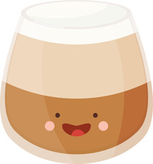 Kawaii Coffee Cup Flat White. Smiling Face. Isolated Illustration on Transparent Background 