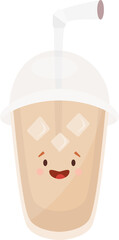 Kawaii Ice Coffee with Straw. Smiling Face. Isolated Illustration on Transparent Background 