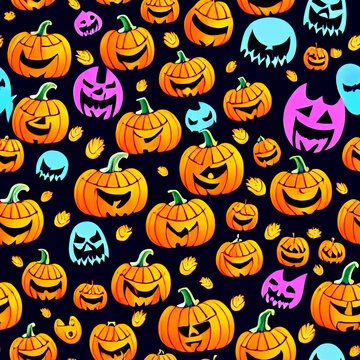 halloween pumpkins and autumn leaves pattern, holiday illustration, textures, wallpapers,