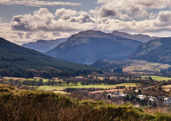Fototapeta na wymiar Mid morning and a view south east towards Glenbdranter from above Strachur. Argyll and Bute