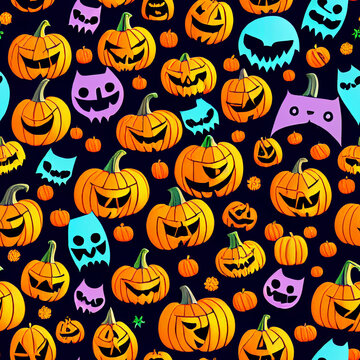 halloween pumpkins and autumn leaves pattern, holiday illustration, textures, wallpapers,