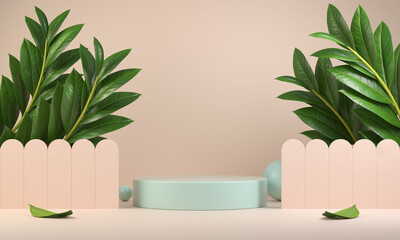 3d Rendering Modern Minimal Empty Podium Display Pastel With Wood Fence Tropic Plants On Beige Backgrounds Abstract Illustration