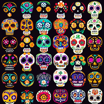 3d render pattern background skull and flowers in bright decorative pattern in traditional mexican day of the dead.
