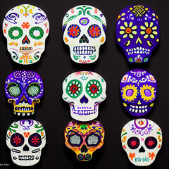 3d render pattern background skull and flowers in bright decorative pattern in traditional mexican day of the dead.