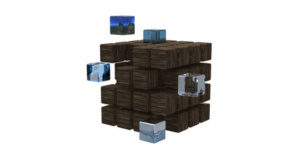 decision matrix - organisation matrix old wood plank cubes and  moved out water splashes 3D rendering 