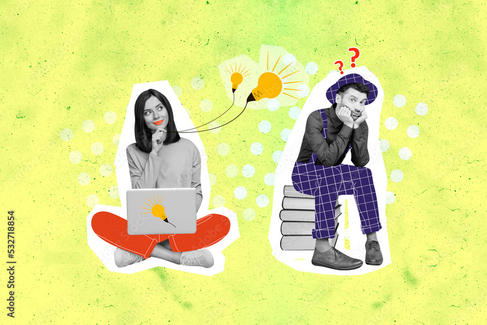 Poster collage 3d image of pinup pop retro sketch of smart clever lady networking clueless man sitting book