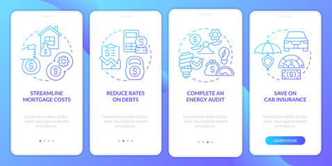 Naklejka premium Budgeting for inflation blue gradient onboarding mobile app screen. Walkthrough 4 steps graphic instructions with linear concepts. UI, UX, GUI template. Myriad Pro-Bold, Regular fonts used
