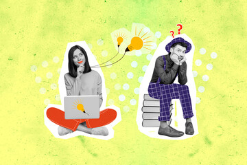 Collage 3d image of pinup pop retro sketch of smart clever lady networking clueless man sitting book pile stack isolated painting background
