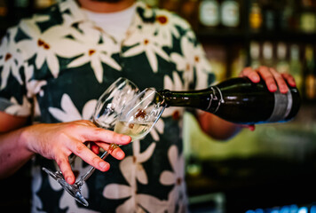 Bartender pouring champagne wine into glass in bar