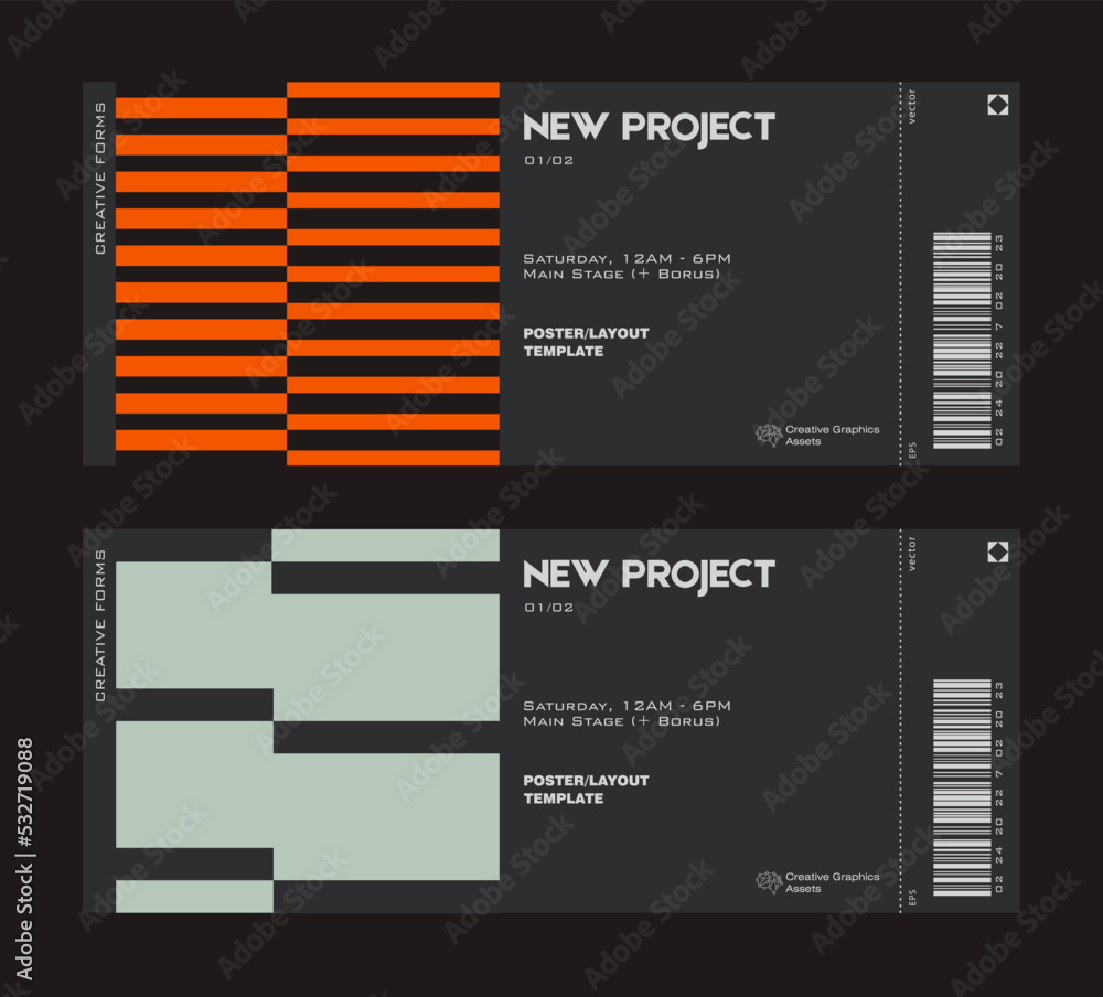 Aufkleber ticket vector template layout with abstract vector geometric shapes. brutalism inspired graphics. gr