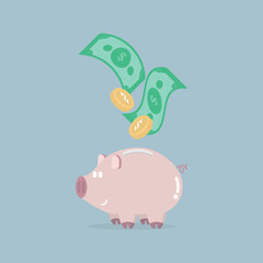 cute pink piggy bank with money, flat vector illustration character cartoon design clip art