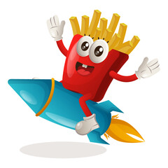Cute french fries mascot flying on rocket