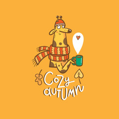 Autumn card with  cute cartoon giraffe with  mug of tea. Funny animal with  hot drink. Vector contour colorful image.