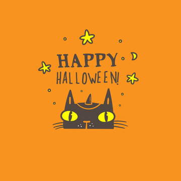 Doodle card with cute cartoon cat. Fabulous fictional character. Halloween animal poster. Vector contour image.