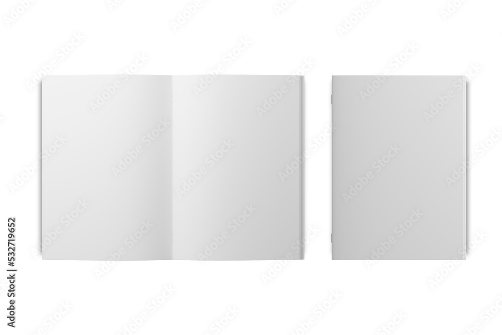 Poster blank open and closed brochure mockup isolated on white background. 3d rendering.