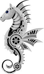 Mechanical seahorse in metal steampunk style. Vector illustration.